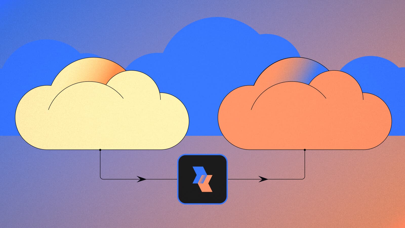 Two stylized cloud icons connected through a change management app interface in the center.