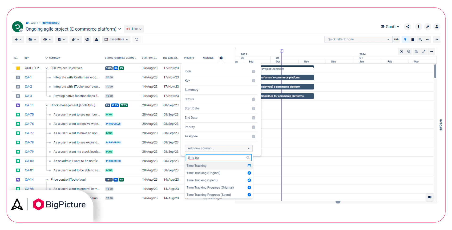The list of values for your new column includes BigPicture and native Jira fields.