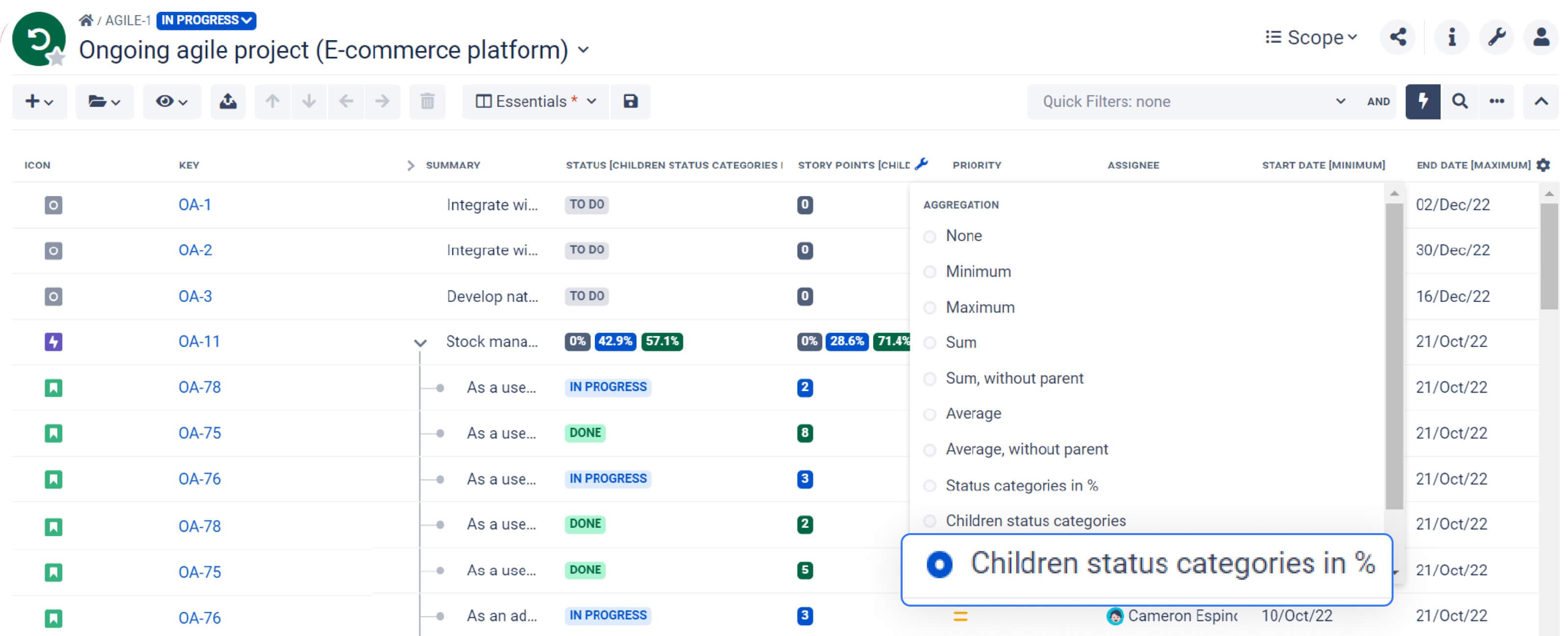 Aggregation by “Children status categories in %” for the Story Points field.