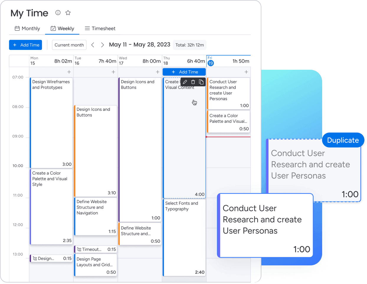 A task titled 'Conduct User Research and Create User Personas' is highlighted and duplicated to illustrate the feature of duplicating time entries.'