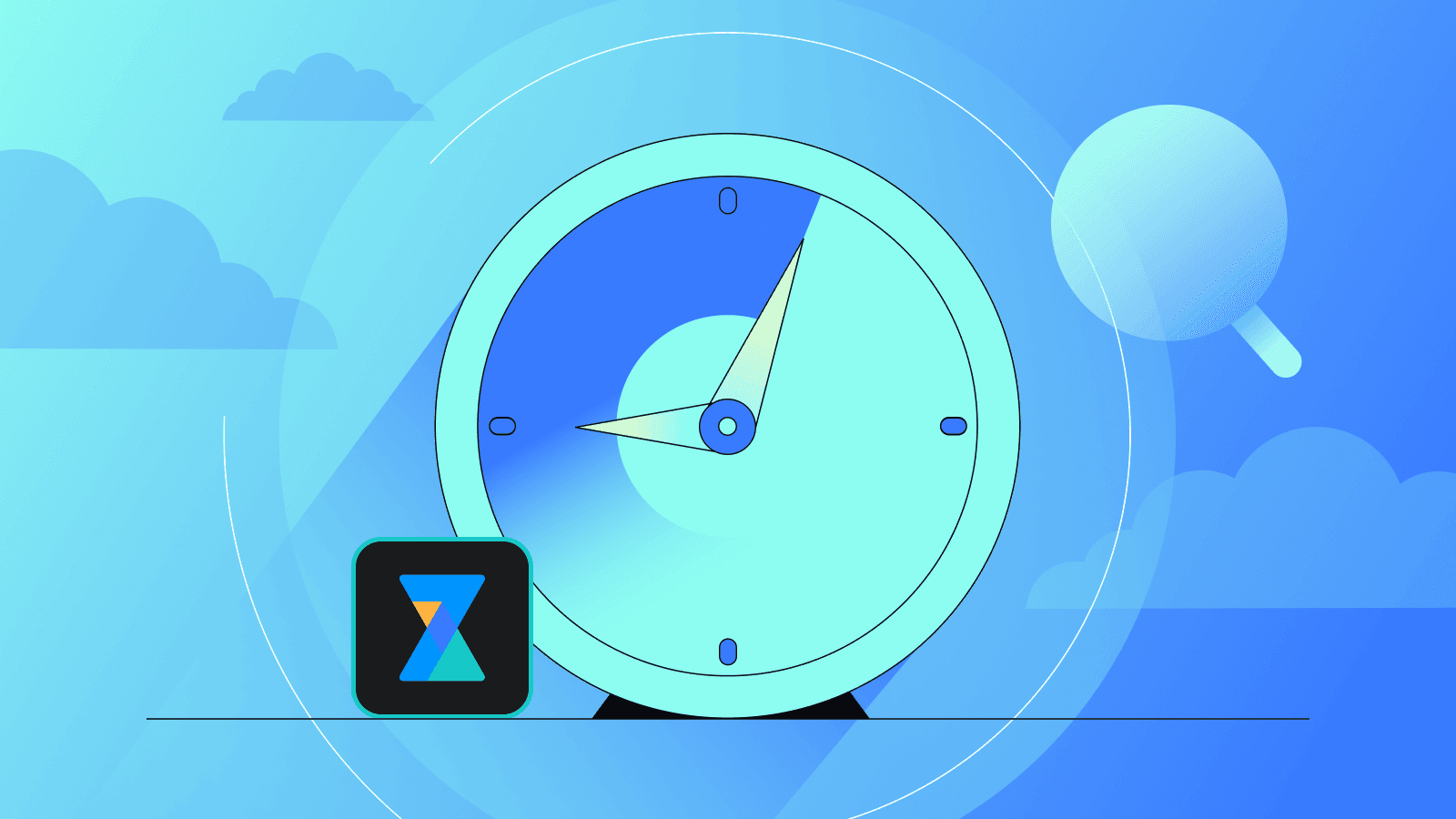 Illustration of a clock with a light blue background and the 7pace logo in the bottom-left corner, symbolizing time tracking.