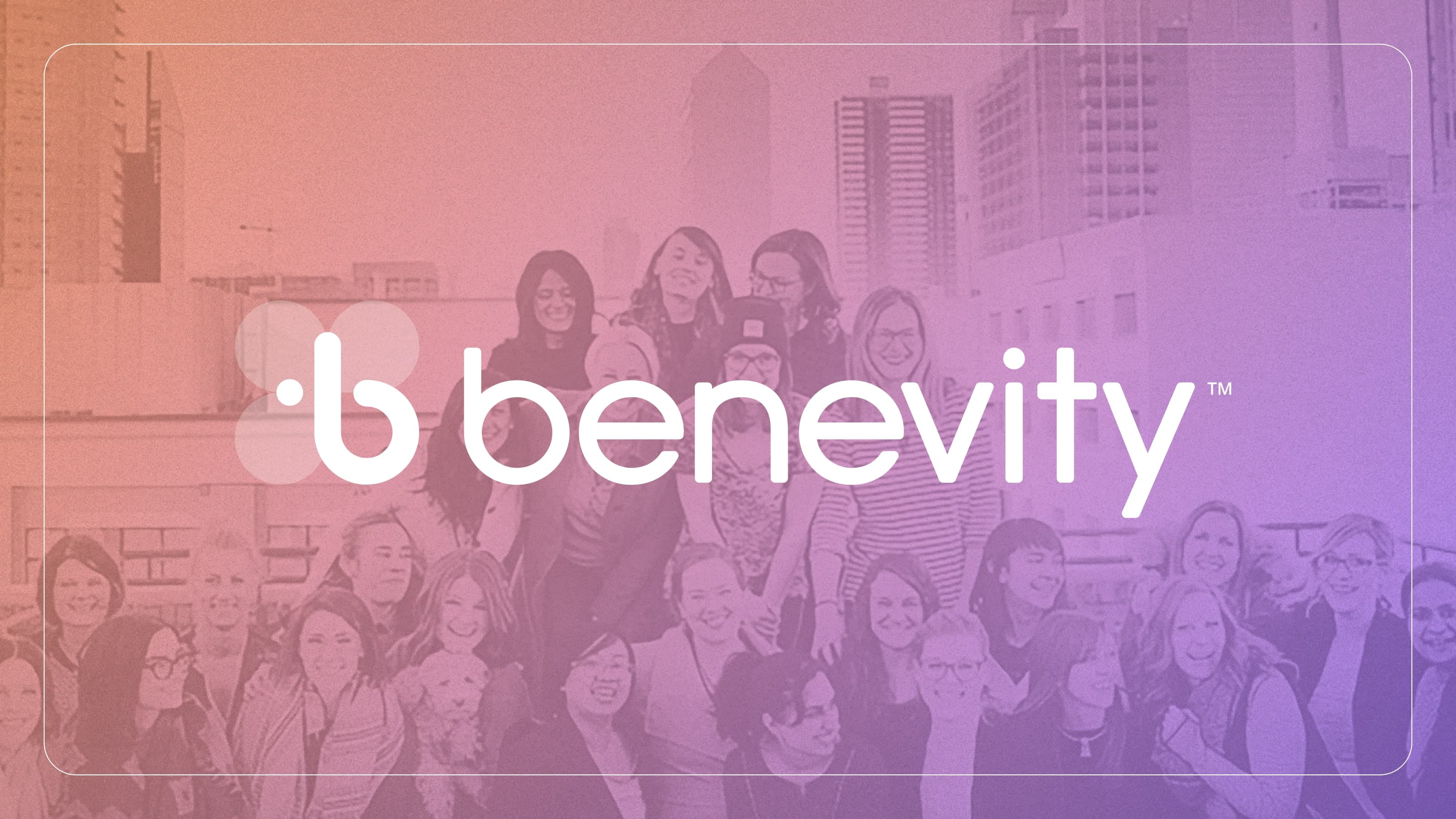 Benevity logo with a background of a group of smiling people.