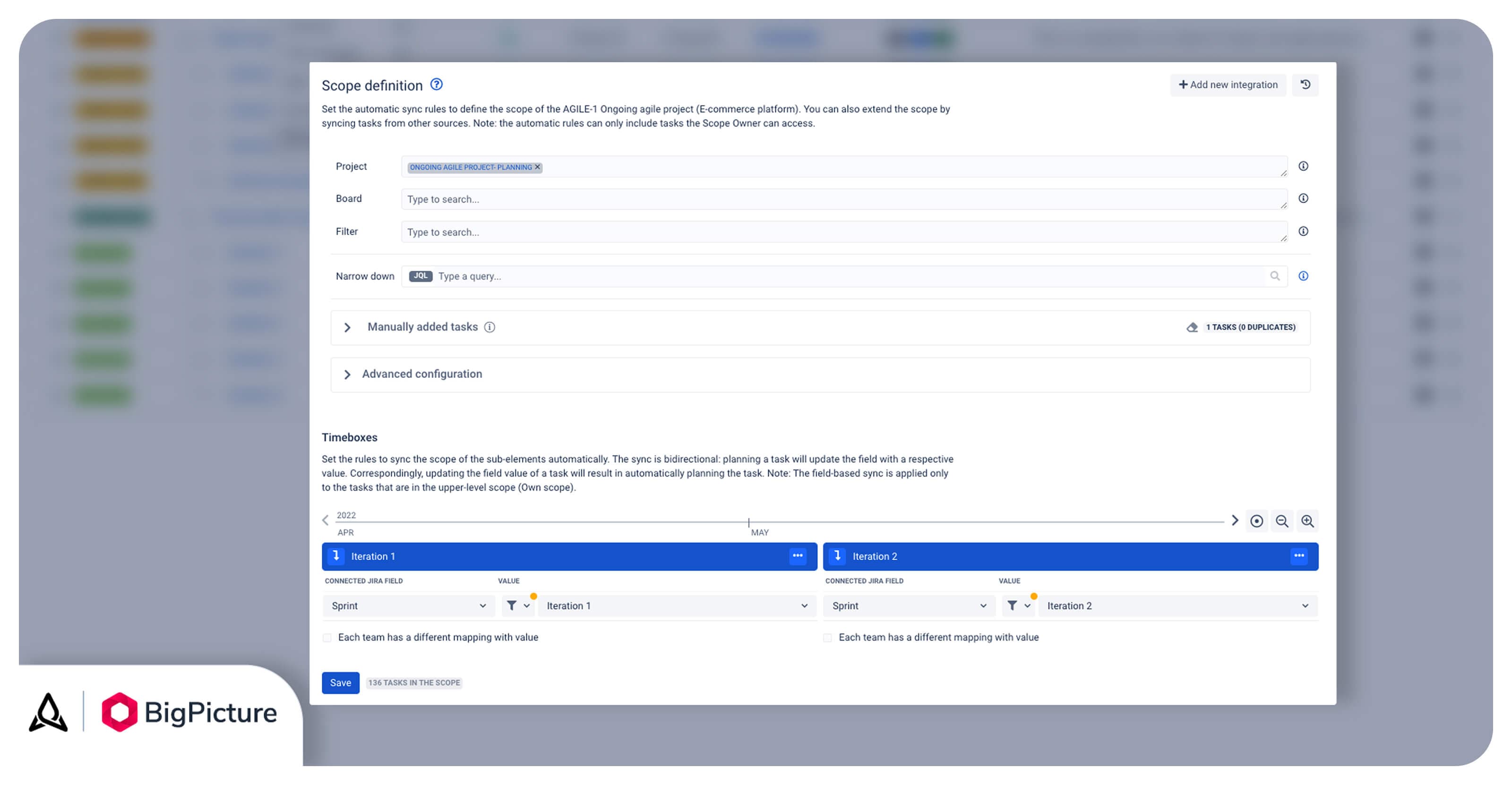 A Scope definition page. Set the syncing rules to synchronize the scope of an Iteration in BigGantt with a respective Jira Sprint board.
