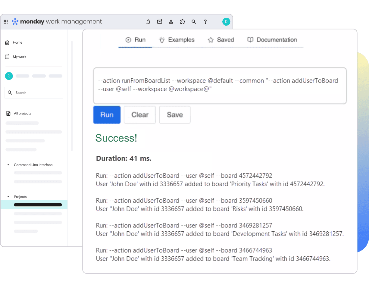 An interface from Monday.com showing a command line interface (CLI) for work management.