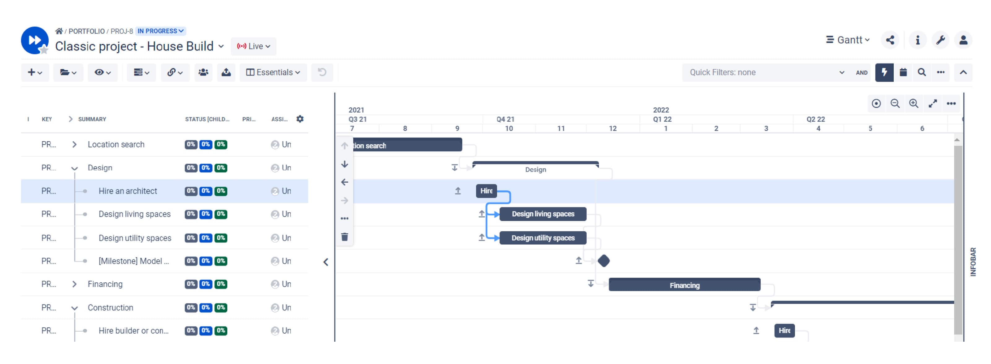 A list of tasks (left) and a Gantt chart (right) in the BigPicture app for Jira.
