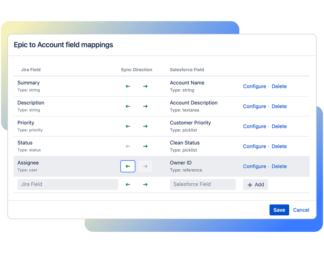 Jira screen displaying the "Create Salesforce Object" popup with object type selection and sync settings including automatic push and pull toggles.
