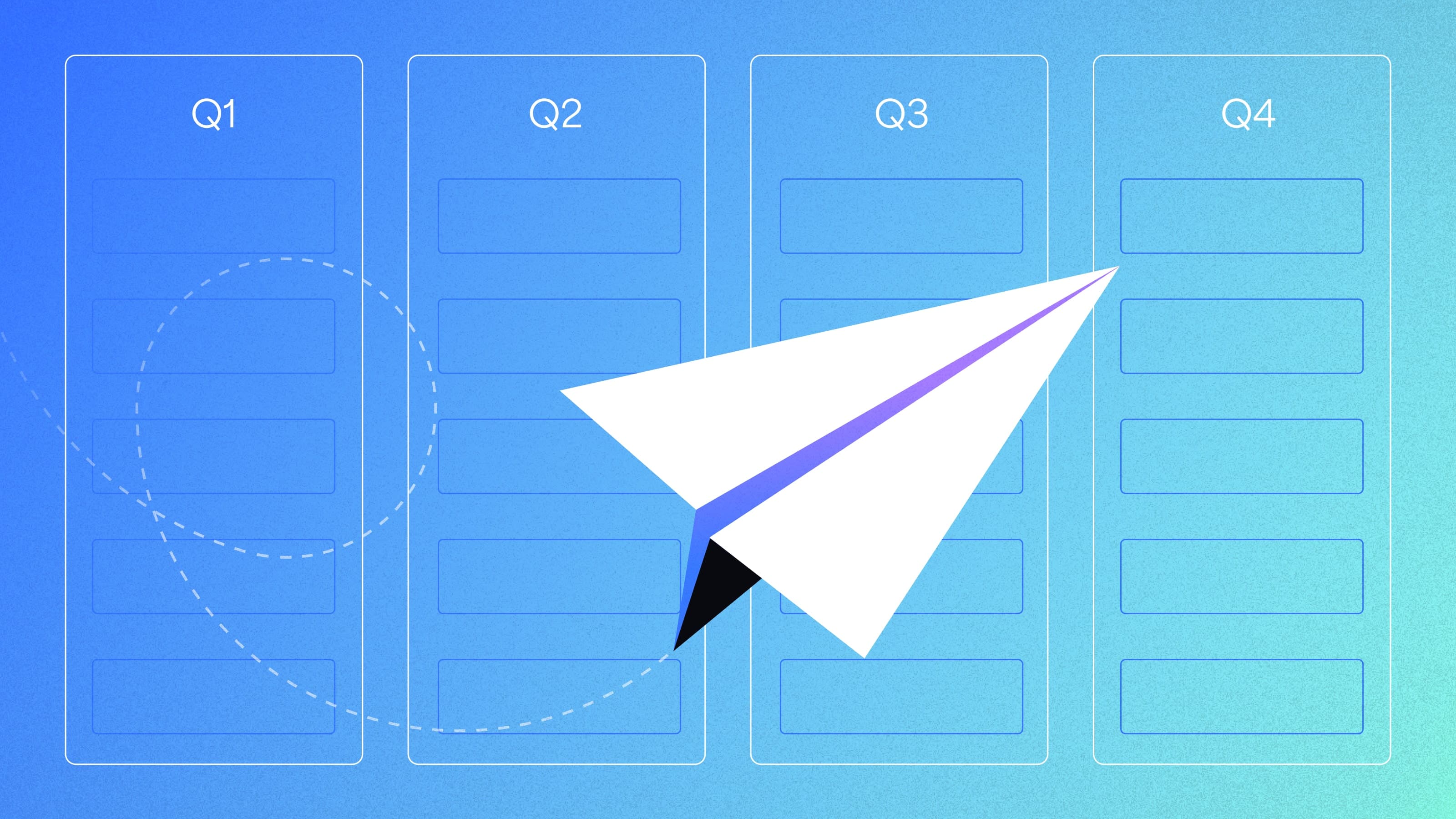 Drawing of paper airplane floating over a nondescript annual overview broken down into quarters.