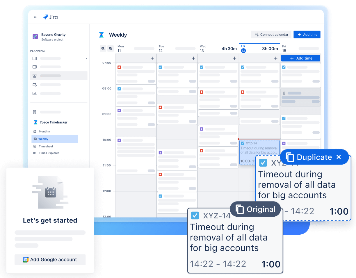 Manage time visually using a weekly or monthly calendar and timesheet view. Create worklogs faster with drag-and-drop and duplication.