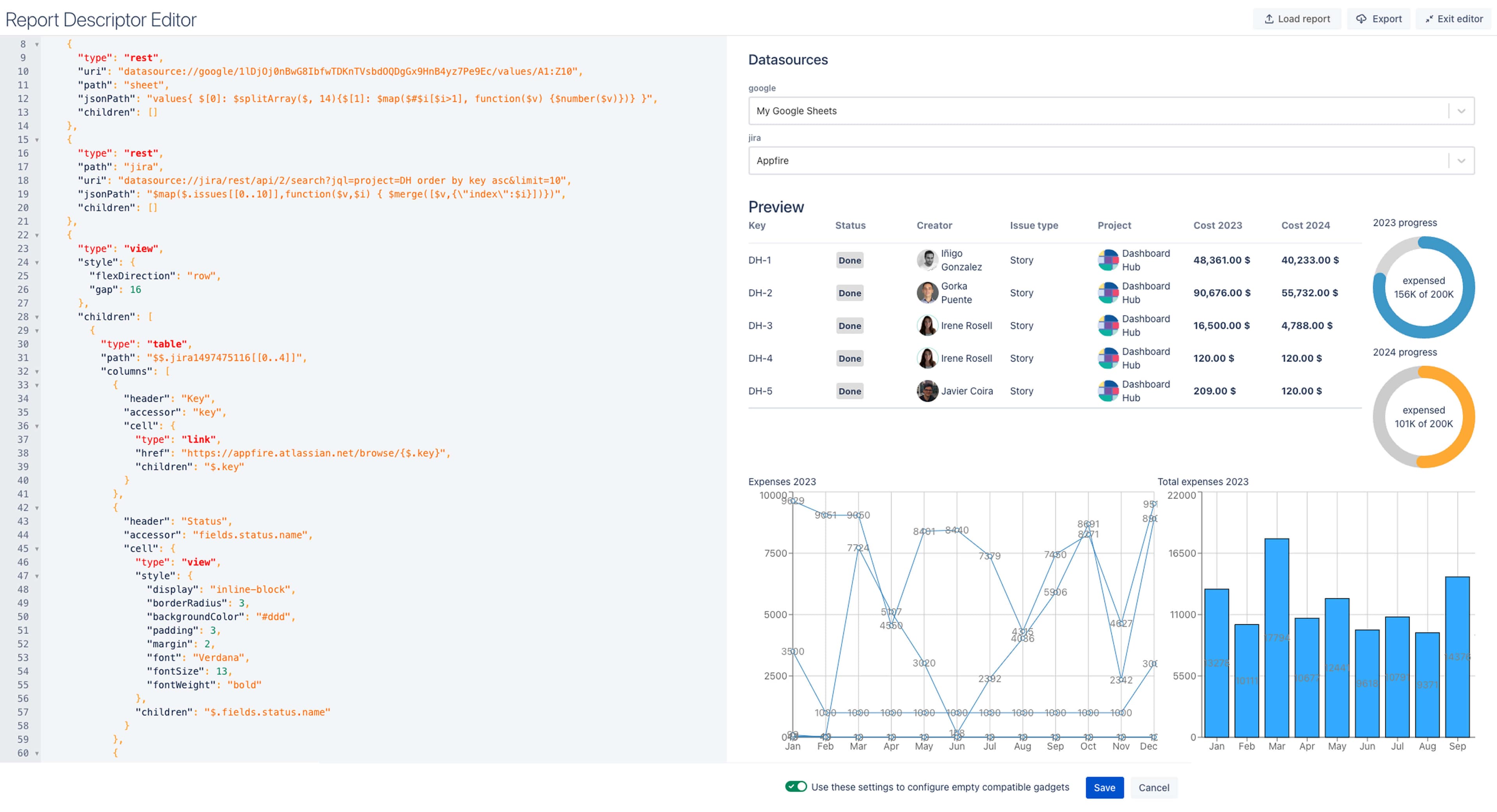  Dashboard Hub Custom Reports editor showing JSON configuration alongside a live preview of combined data from Google Sheets and Jira, including a table, charts, and progress widgets.