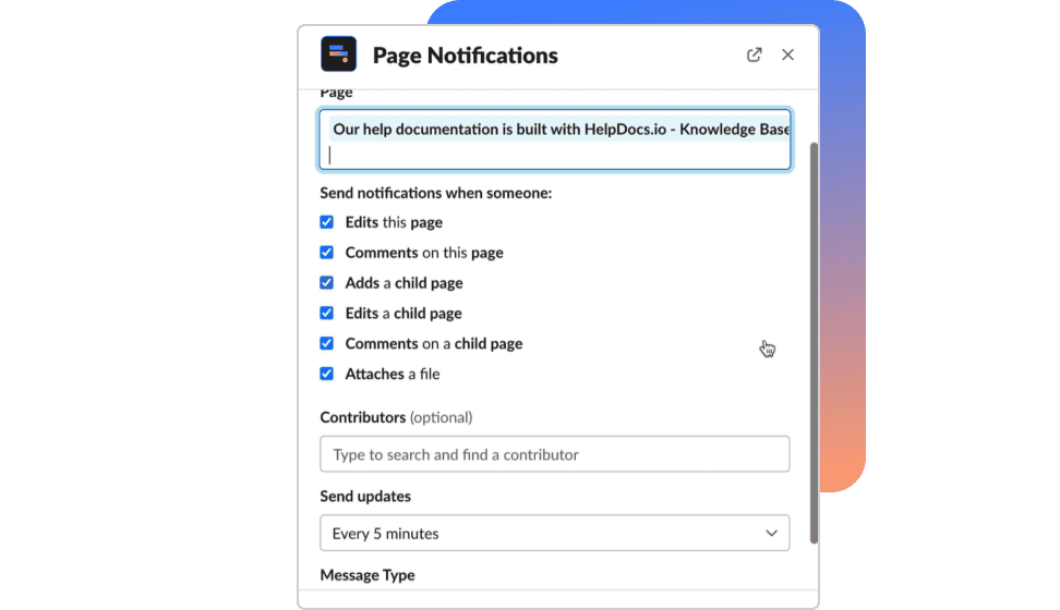 Page Notifications interface showing options to send notifications when a page is edited, commented on, or when a child page is added or edited.