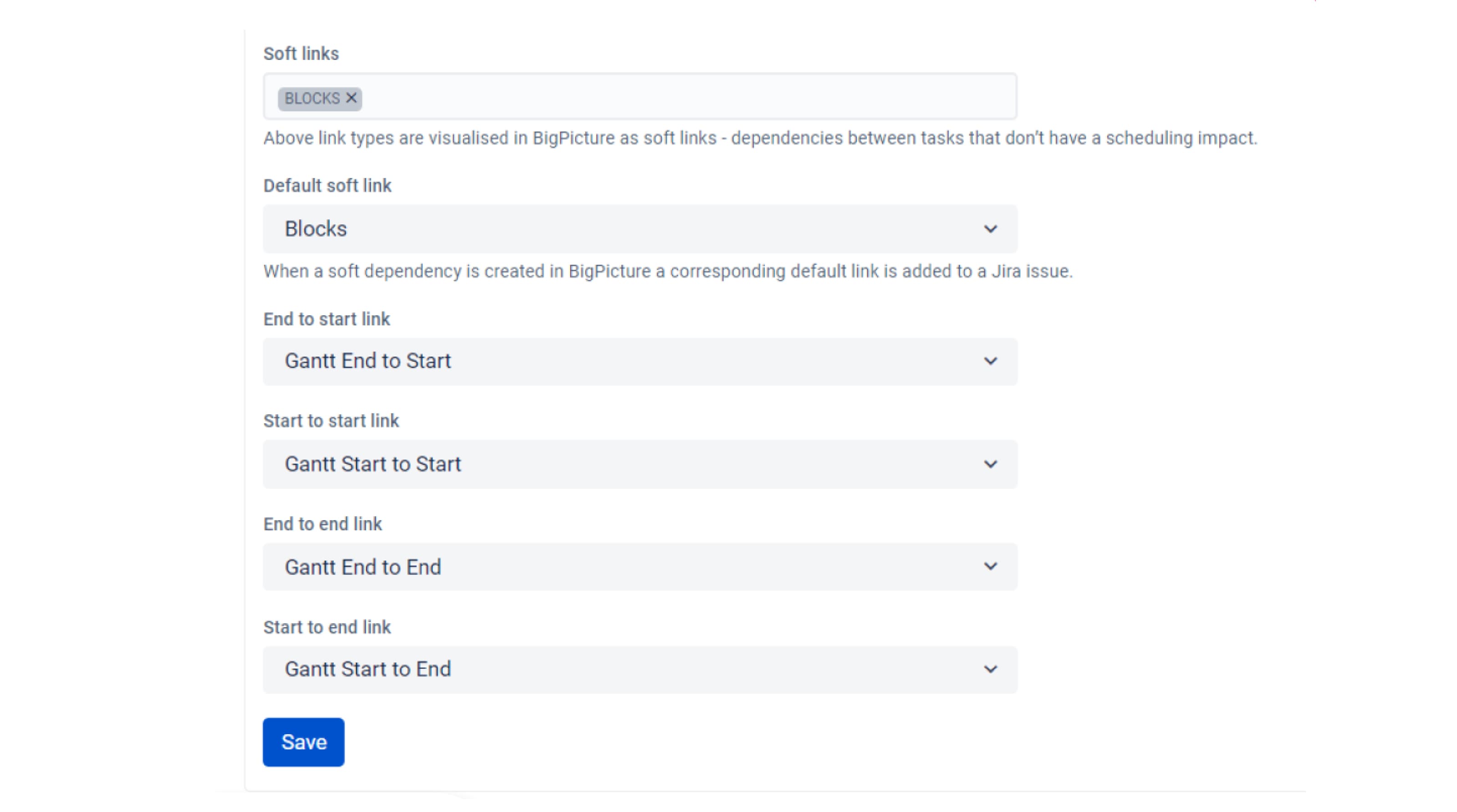 The App Configuration panel shows default Issue Links mapping in BigPicture (and BigGantt). Here, you customize how you want to map your Jira Issue Links to Soft and Strong dependencies.