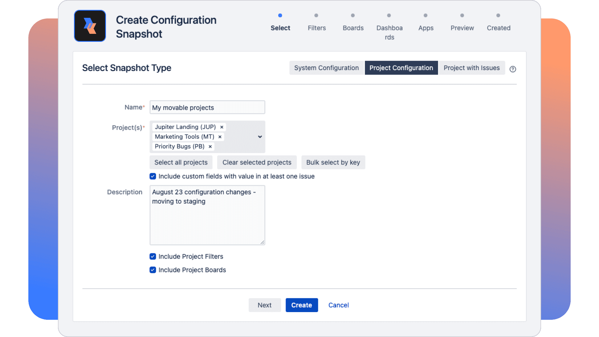 Create Jira configuration snapshot screen with selected projects and options to include custom fields, project filters, and boards for staging environment deployment.