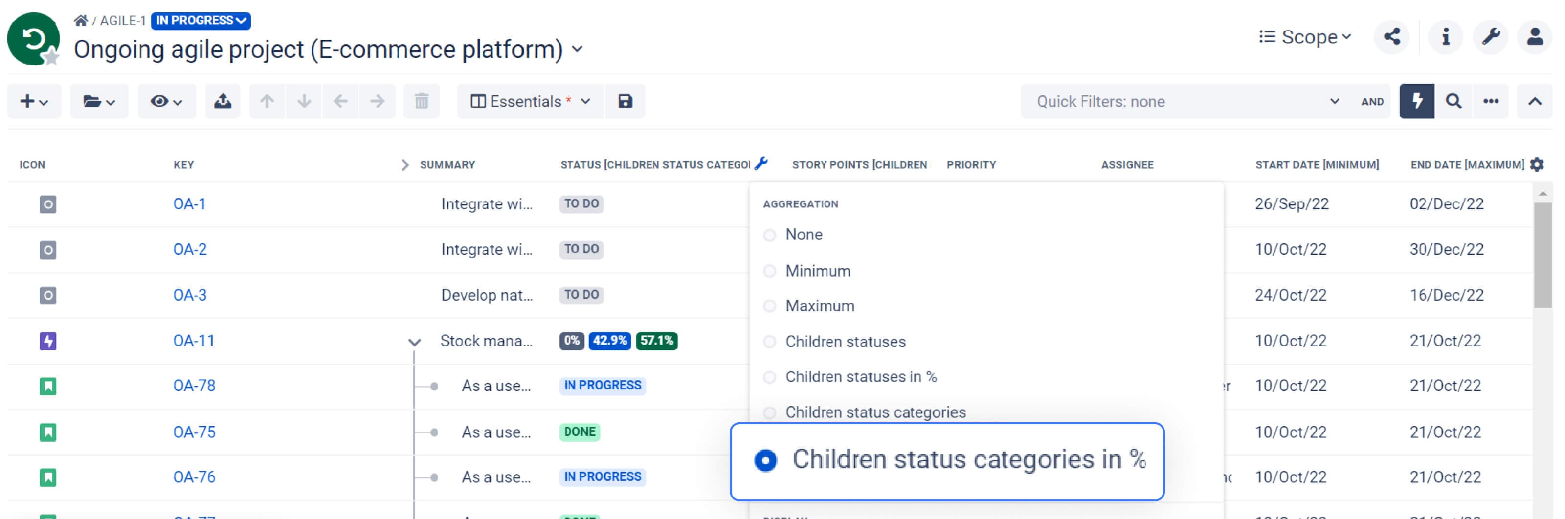 Aggregation by “Children status categories in %” for the Status field.