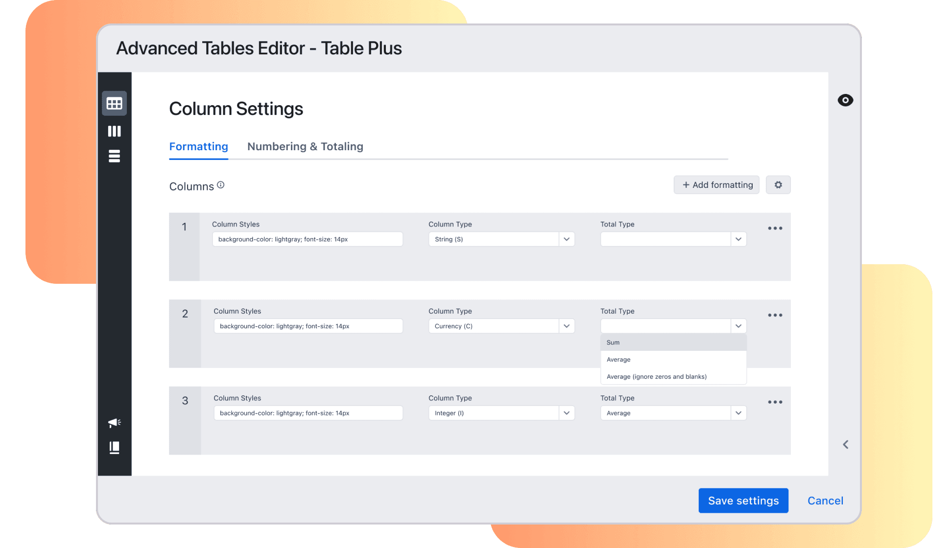 PDP column settings