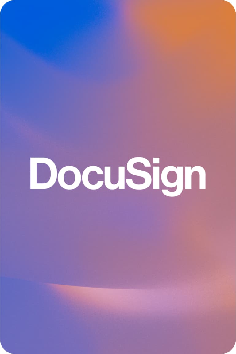 Image of the DocuSign logo on a purple and orange gradient background.