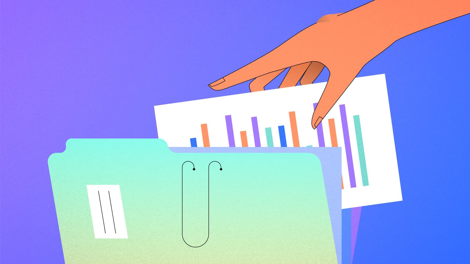 Illustration of a hand placing a colorful bar chart into a teal folder, symbolizing software data organization.