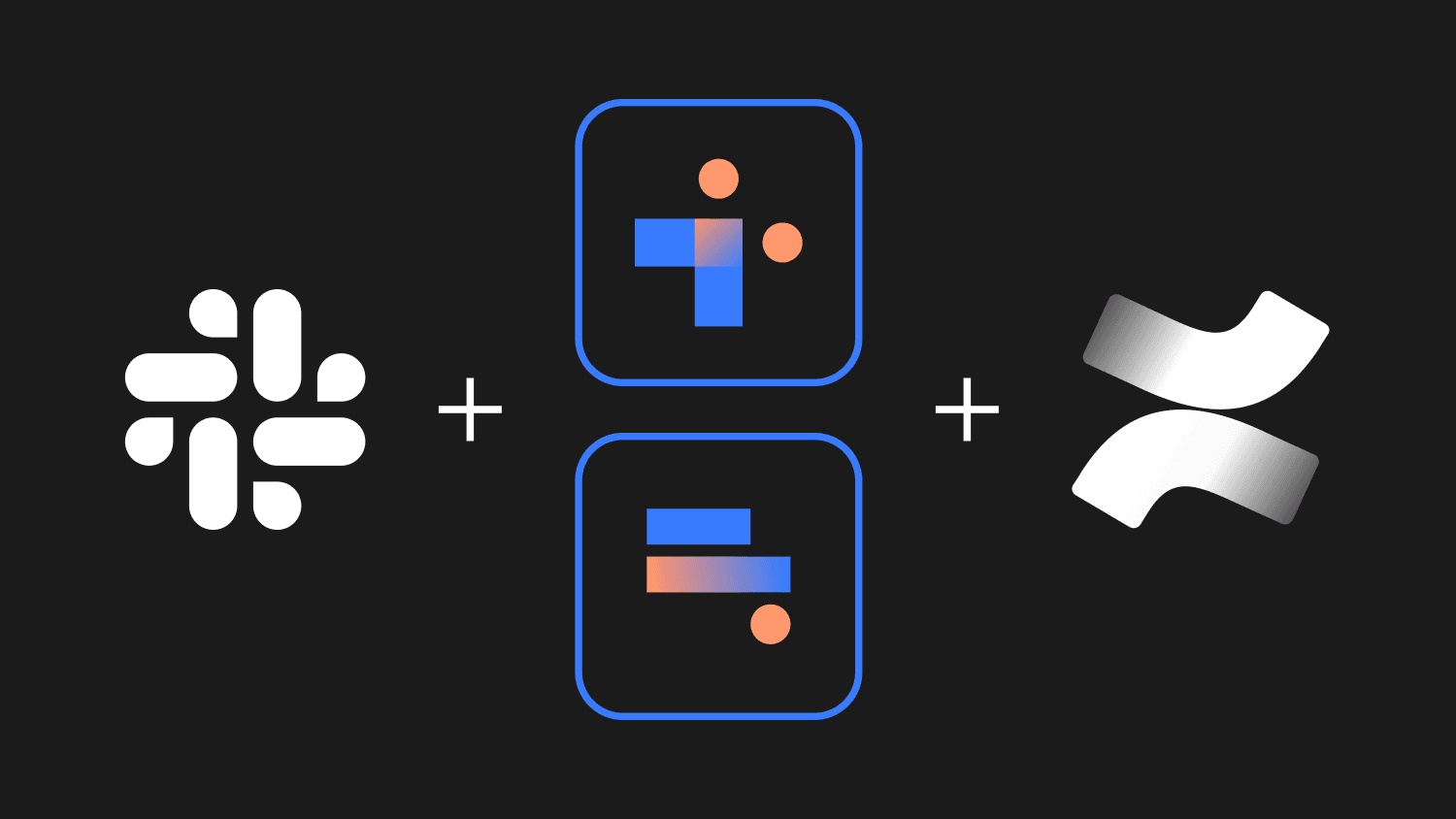 Icons representing Slack, two integration tools, and Confluence on a black background, symbolizing the streamlining of Confluence updates with Slack integration.