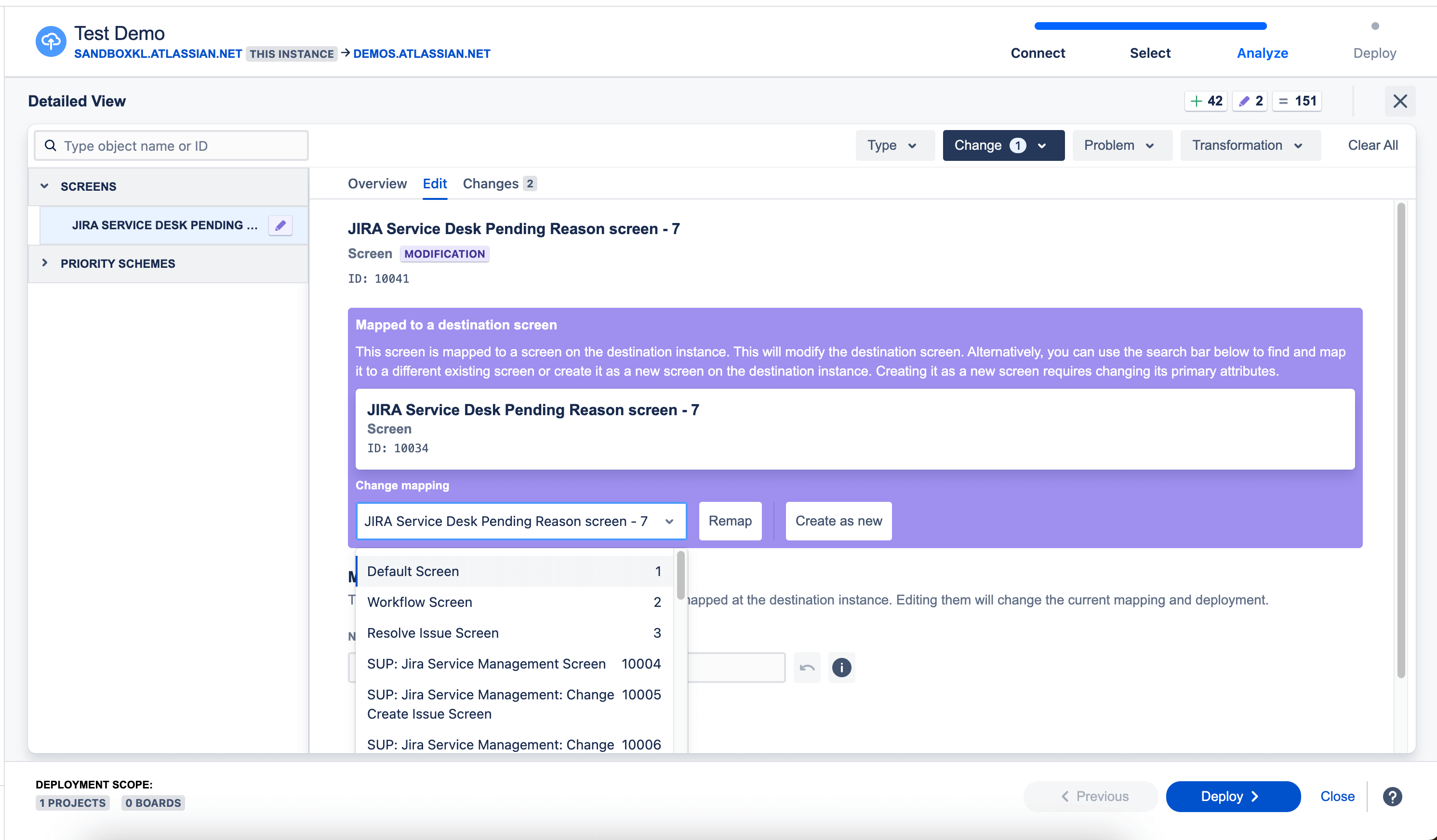 Edit view of the JIRA Service Desk Pending Reason screen in Jira Configuration Manager showing modification mapping options and screen remapping dropdown.