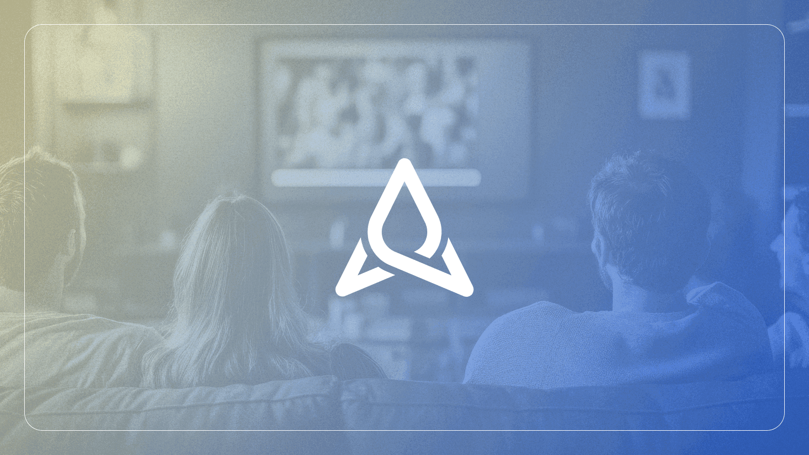 Appfire logo on a blue and yellow gradient  with three people watching television in a cozy living room.