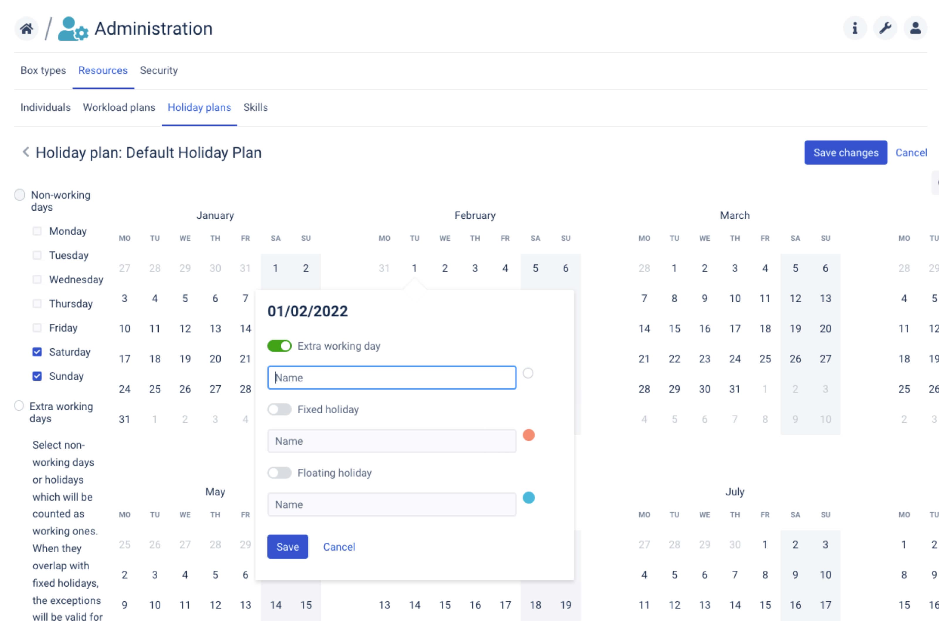 You can edit each individual date to mark it as a non-working or working day on a Holiday (absence) calendar.