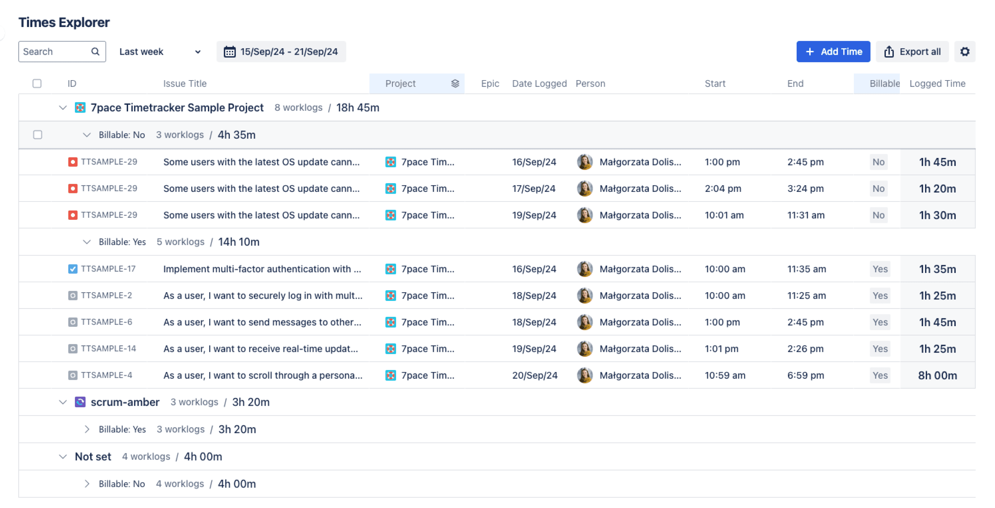 Times Explorer dashboard view in 7pace Timetrack for Jira.