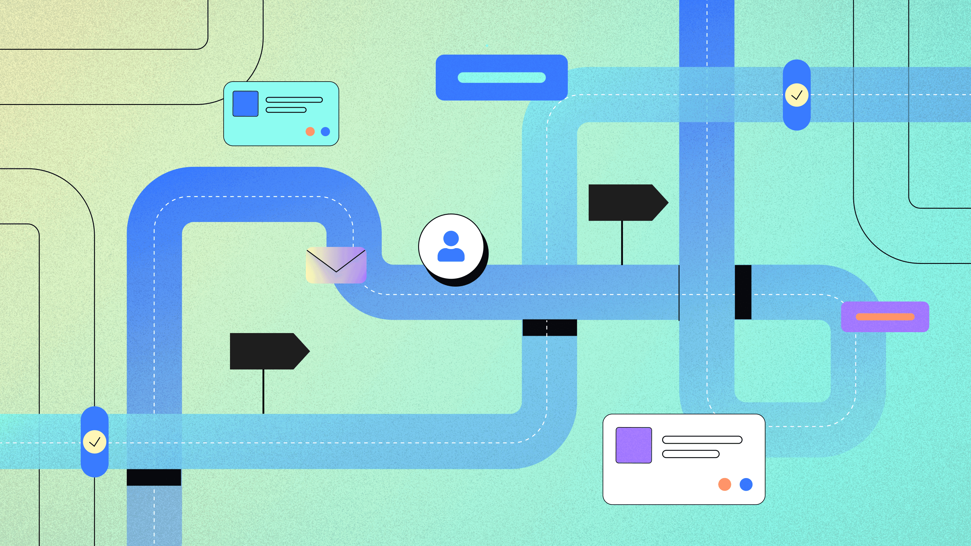 "Illustration of a process flow, featuring blue and pastel-colored pipelines connecting various elements such as user icons, email icons, and buttons with checkmarks and directional signs, representing a digital workflow or user journey.