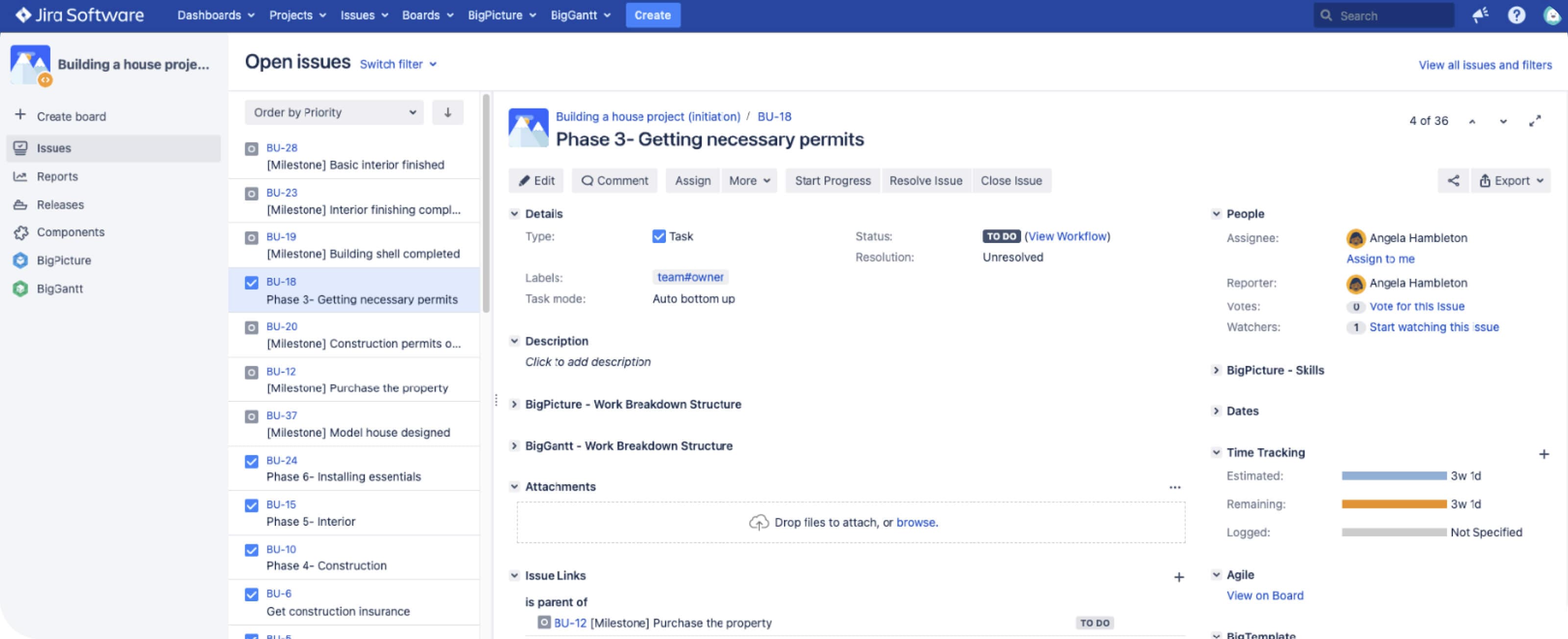 Jira project view showing issues, milestones, and task details across a single project.