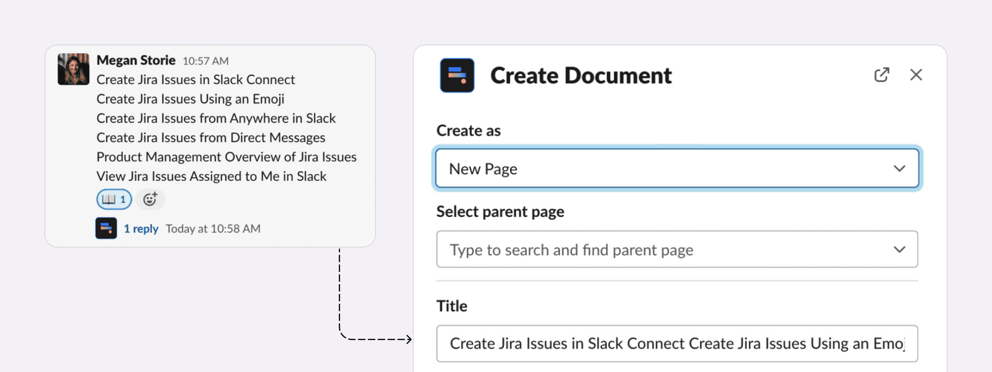 Content from Slack being captured into Confluence knowledge base via Docs+ using the book emoji.