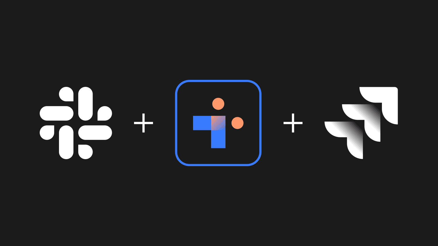 Icons representing Slack, an integration tool, and Jira on a black background, symbolizing the management of Jira issues through Slack integration.