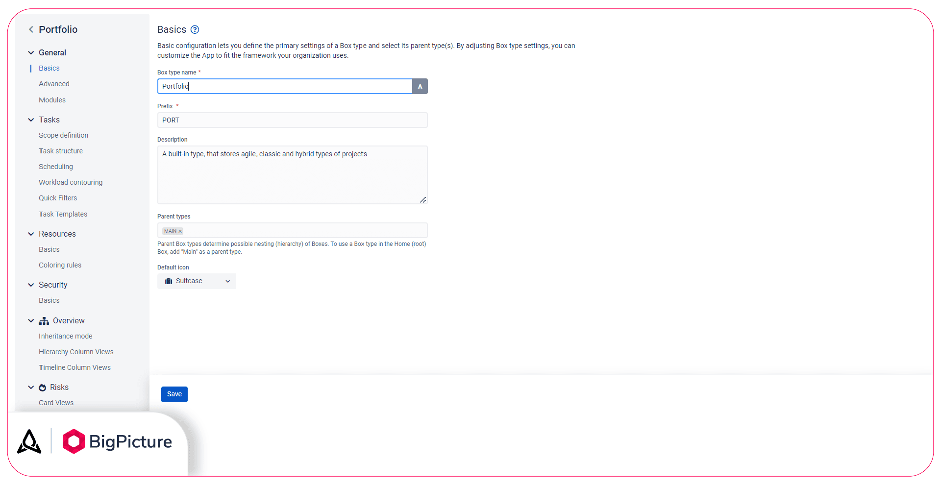 The settings page for the Portfolio type initiative template. The “Basics” section lets you change the name, prefix, and description. You can also define which other box types the Portfolio box will store (“Parent types”).