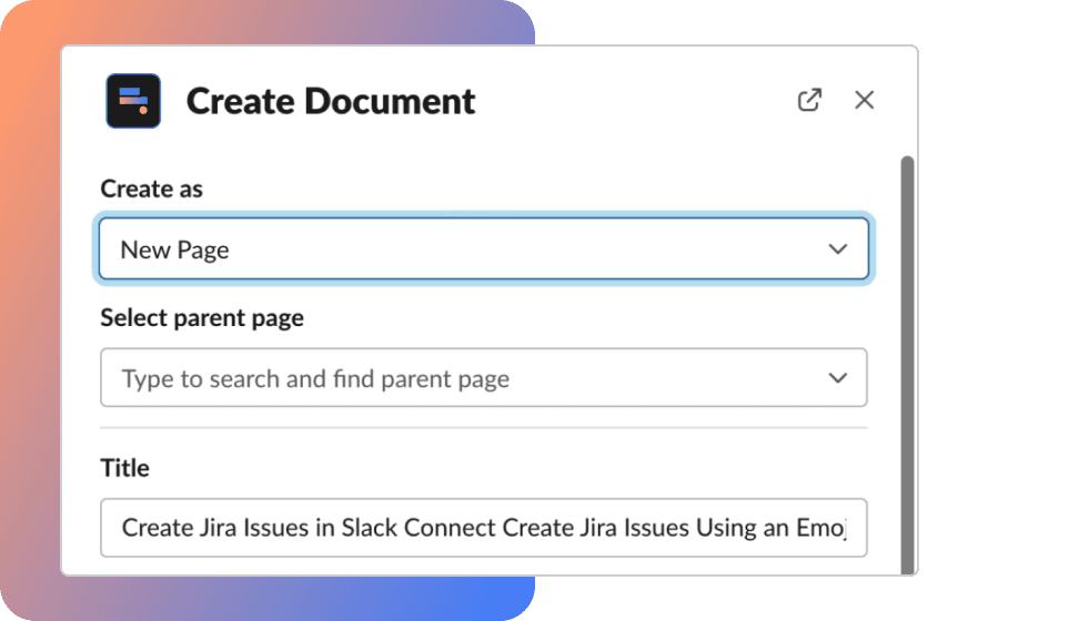 Create Document interface with options to create a new page or select a parent page.