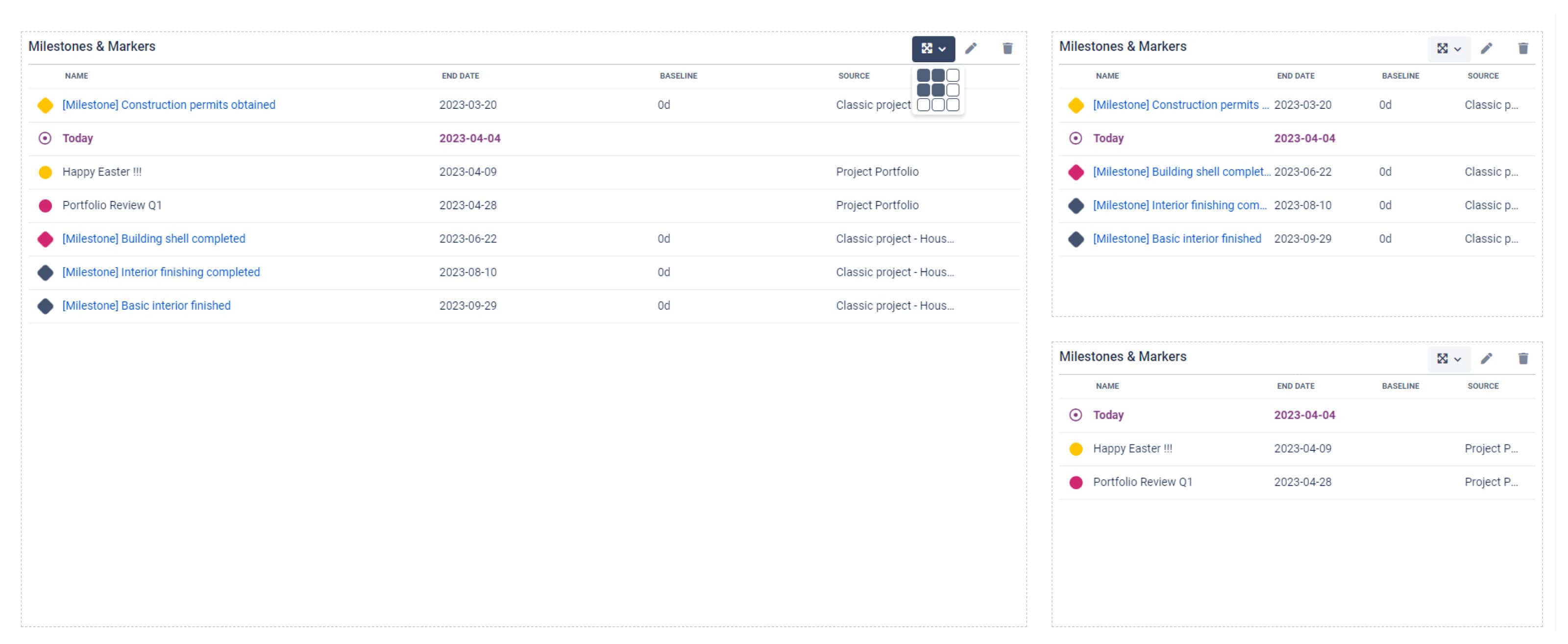 The Milestones & markers report on the left-hand side was resized and now it spans 2 rows and 2 columns on the reports dashboard.
