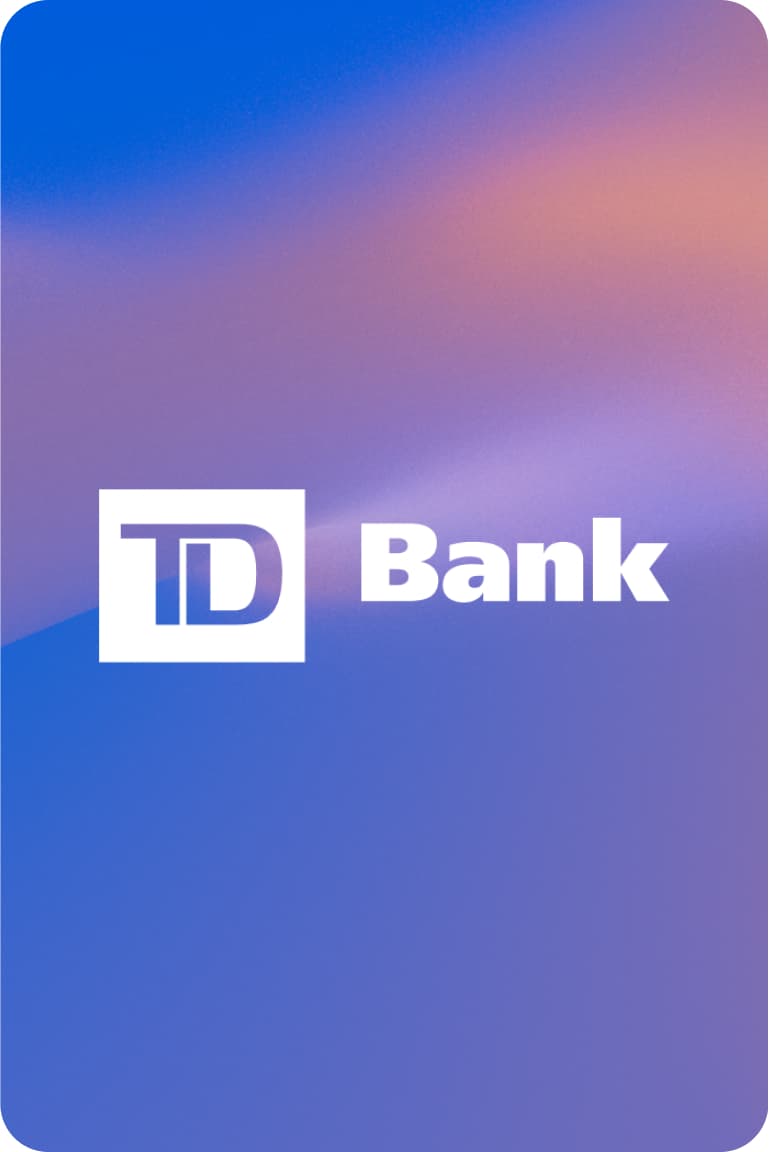 TD Bank logo on a purple and orange gradient background.