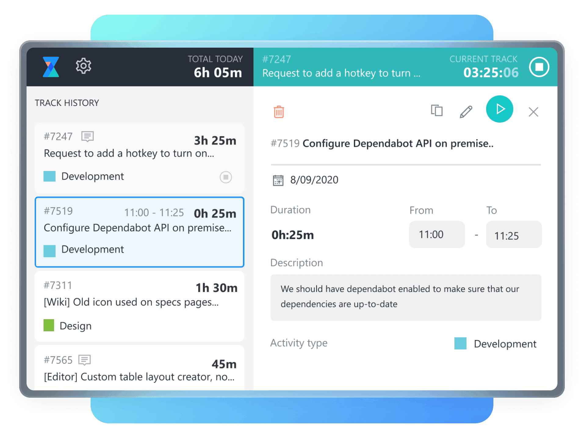 A screenshot depicting 7pace desktop app interface. The image shows a list of tracked tasks with their respective durations and categories, such as Development, Design, and Deployment.