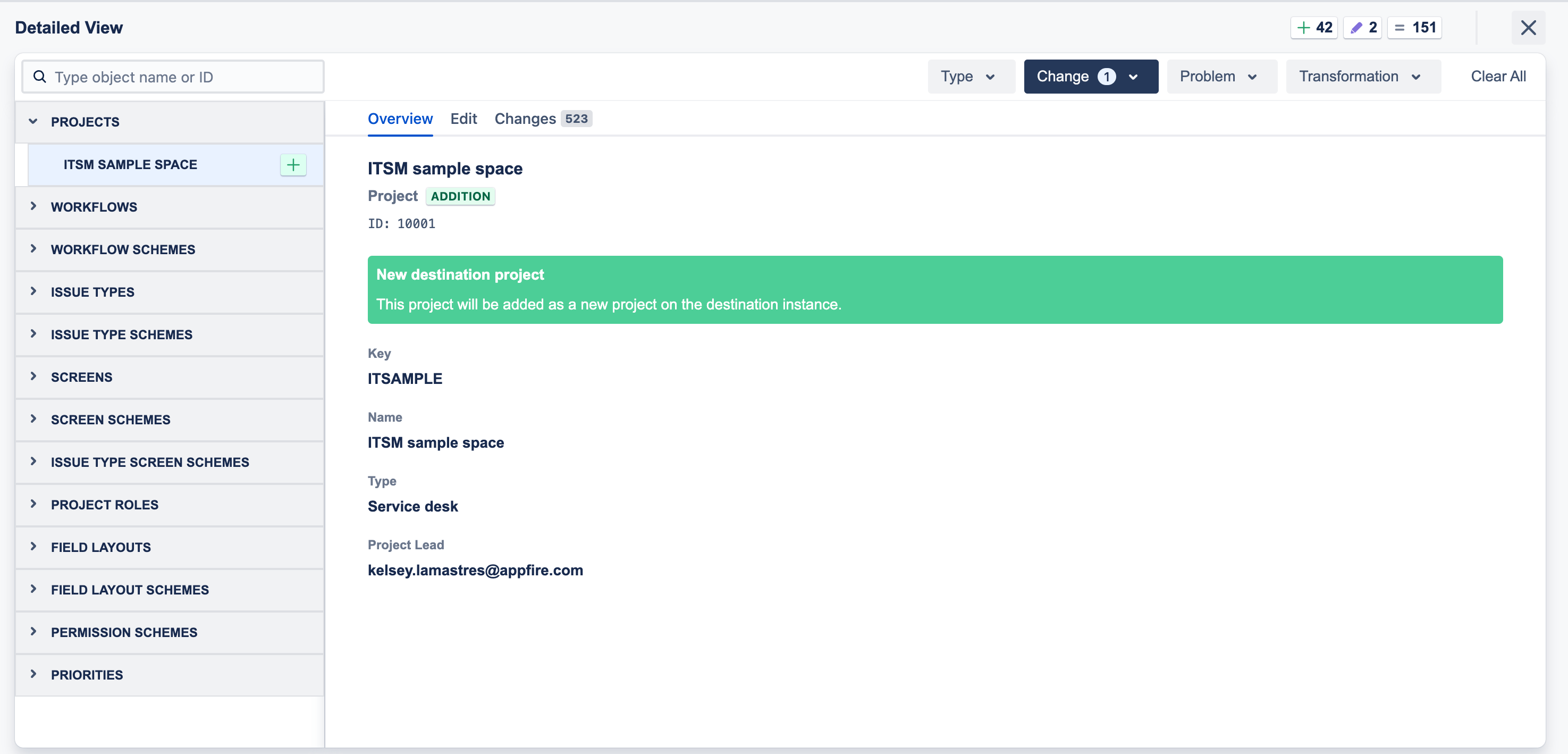Detailed view of an ITSM sample space project addition in Jira Configuration Manager, showing project attributes like key, name, type, and project lead email.
