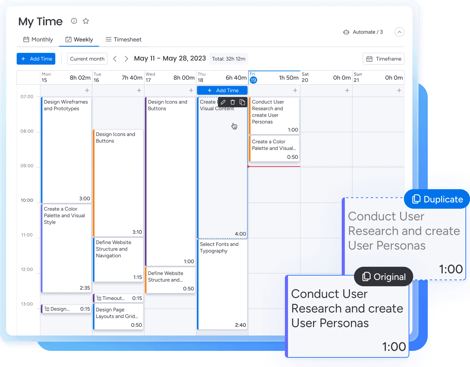 A task titled 'Conduct User Research and Create User Personas' is highlighted and duplicated to illustrate the feature of duplicating time entries.'