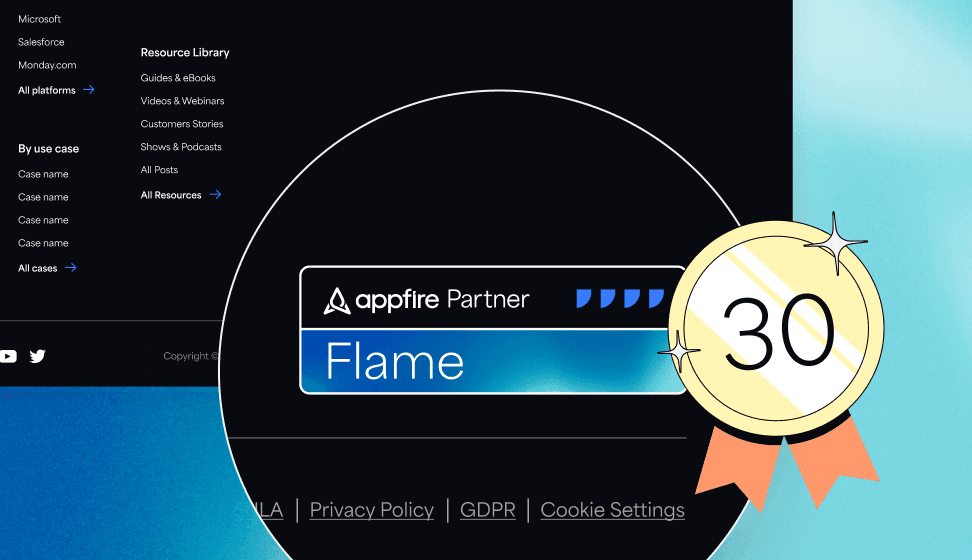 Appfire Partner badge with the title 'Flame' and a ribbon showing the number 30, set against a section of a webpage.