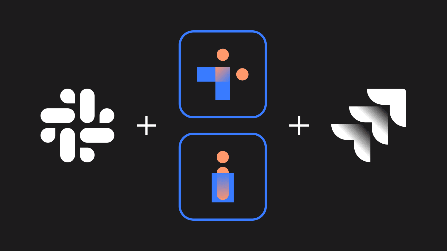 Icons representing Slack, two integration tools, and Jira on a black background, symbolizing the use of Slack emojis to automate work in Jira.