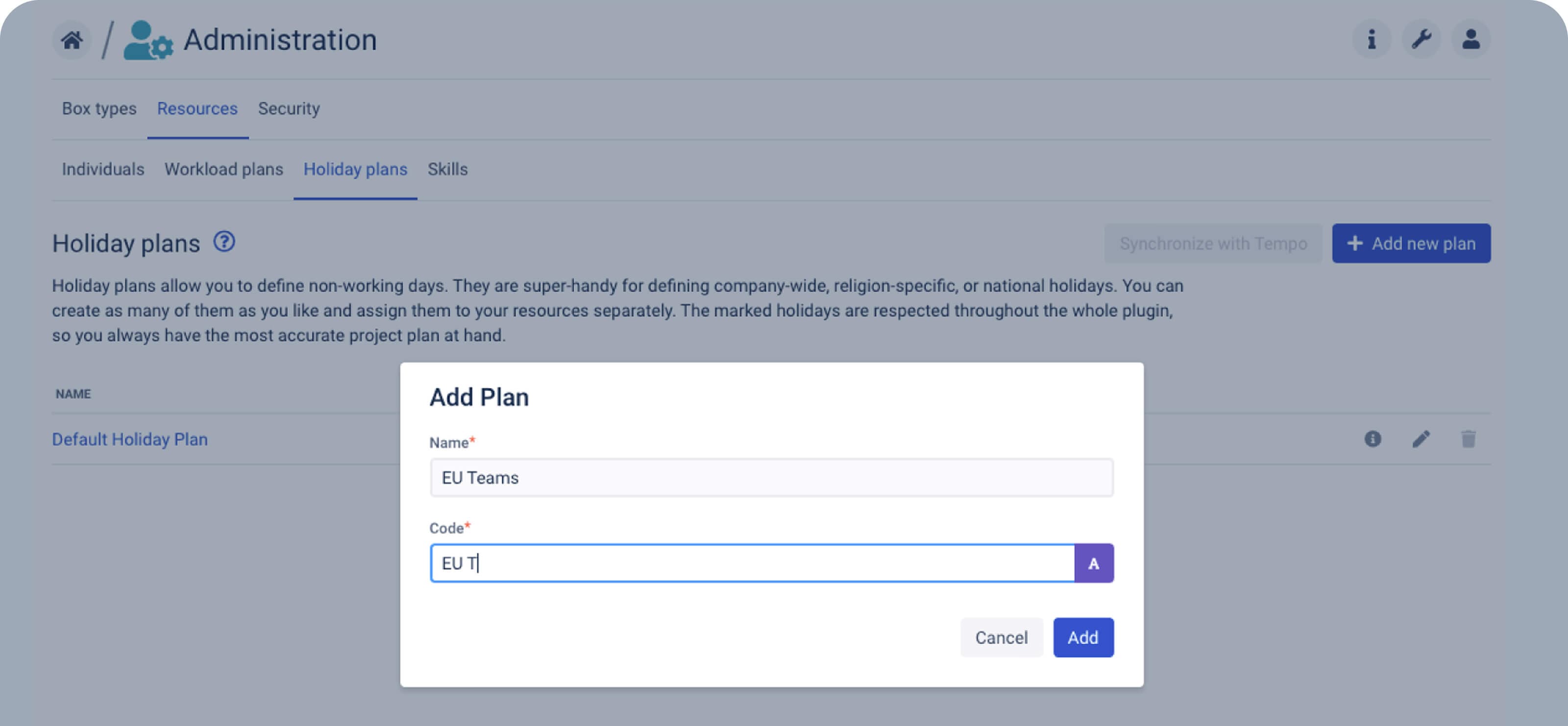 Give your new holiday plan a name, code, and (optionally) a different color for visual identification.