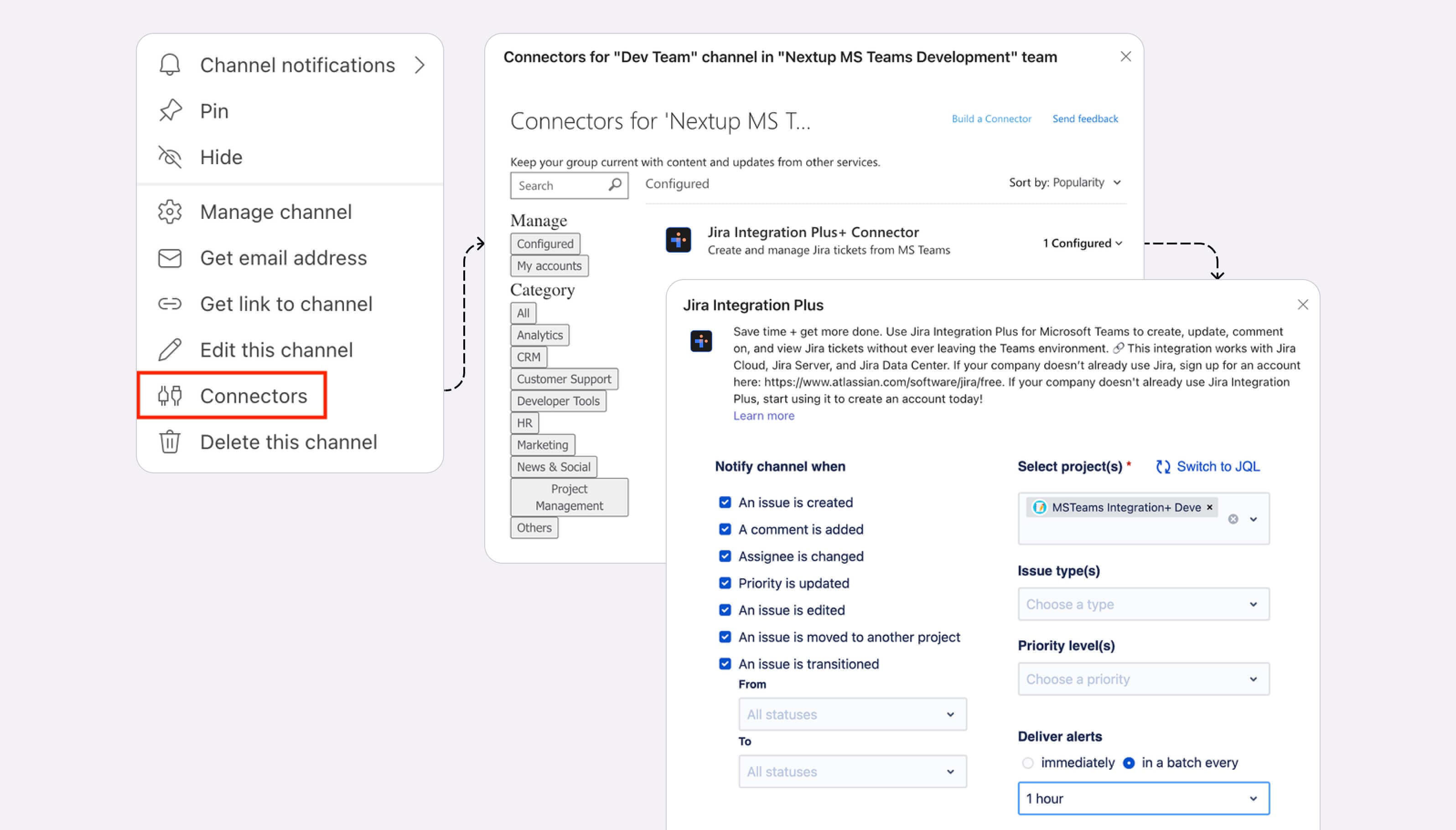 Overview of configuration selection within Teams in order to correctly set up Jira Integration+.