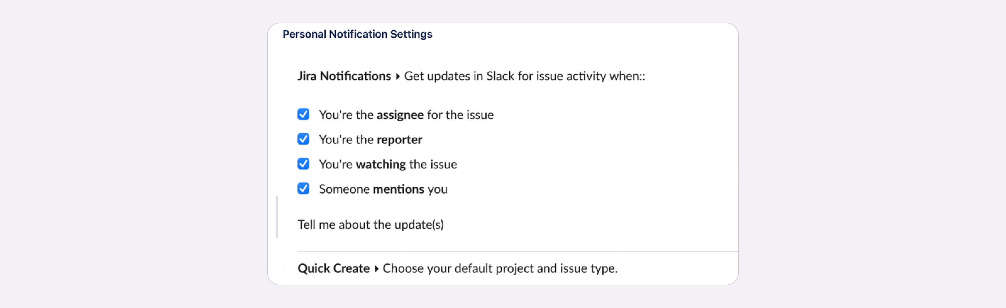 Overview of Integration+ for Slack’s personal notification settings and preferences.
