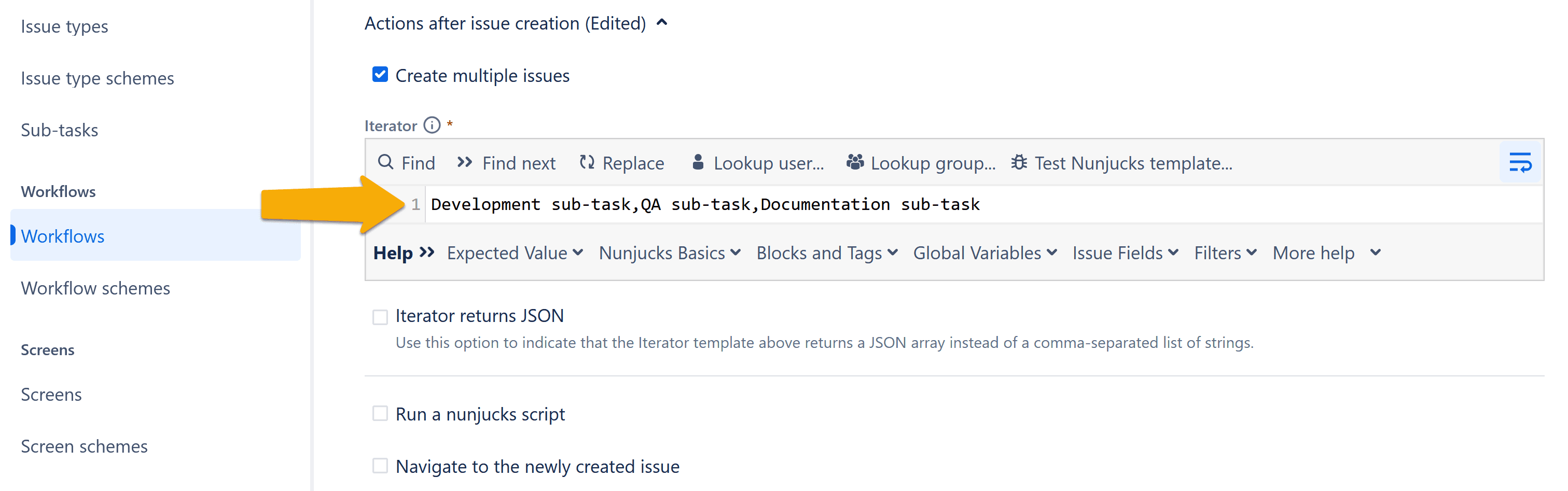 Jira workflow configuration screen showing an iterator setup for creating multiple sub-tasks with labels like 'Development sub-task' and 'QA sub-task' using a comma-separated list