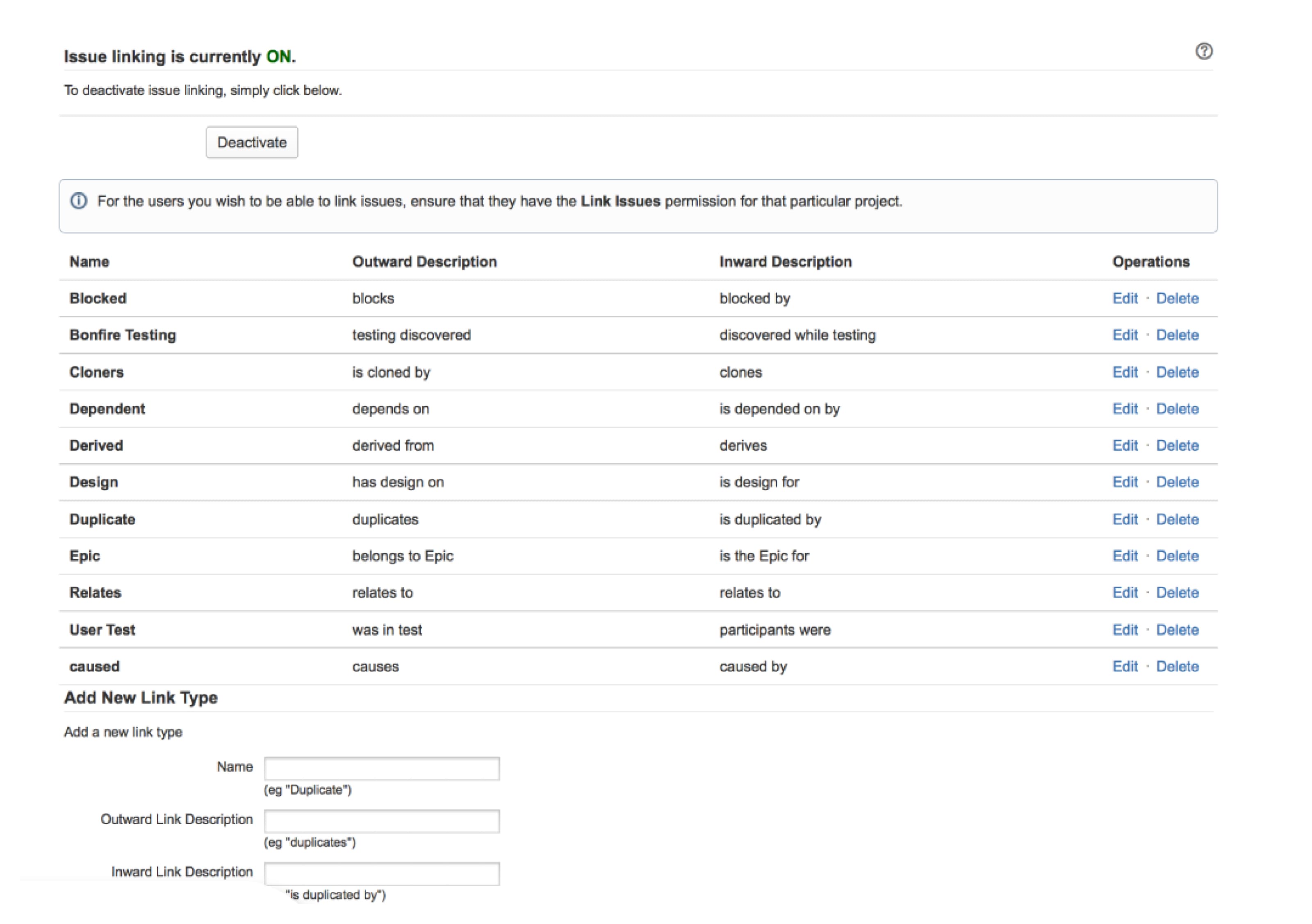 Issue Linking page featuring the default and your new link types.