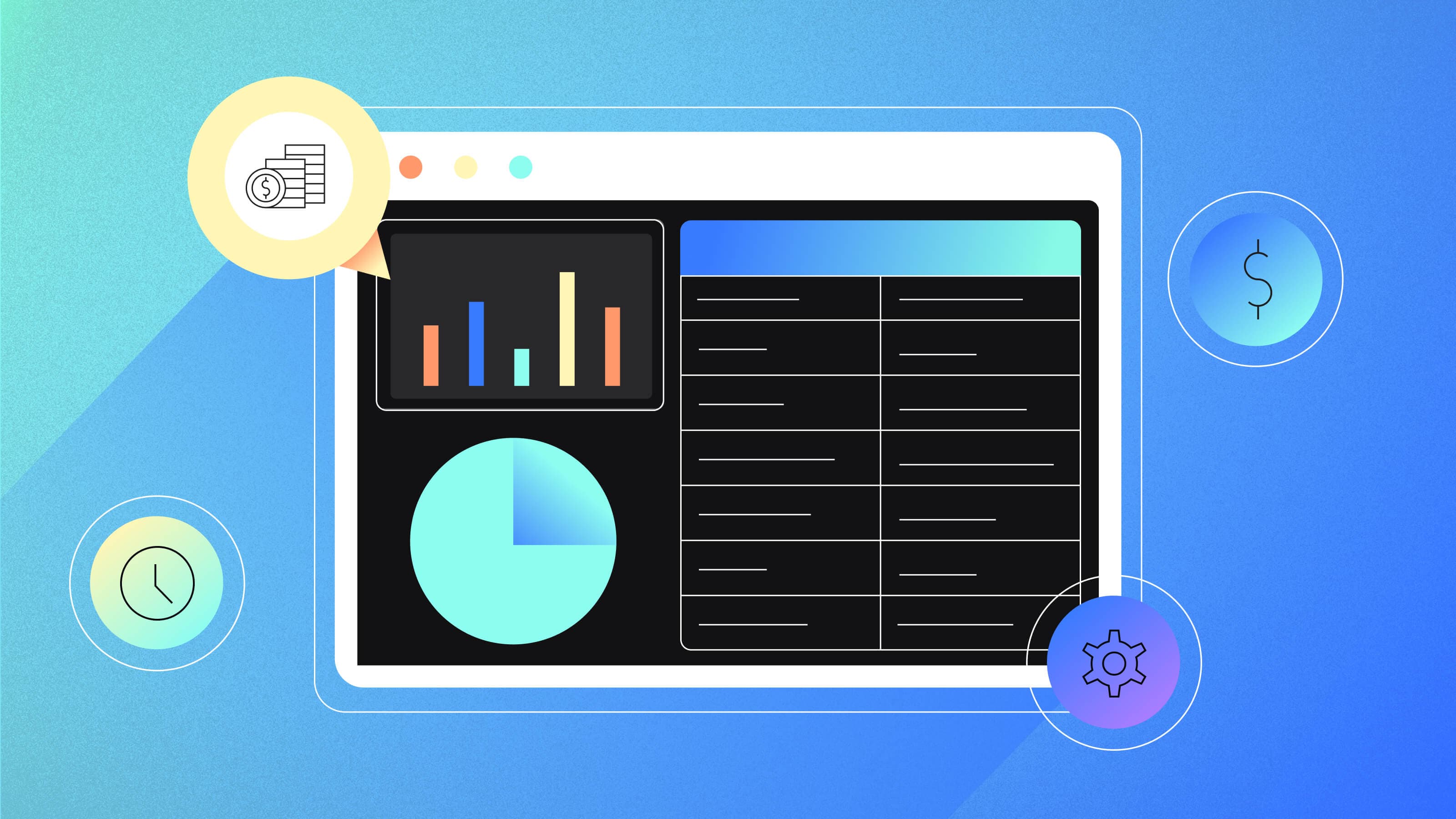 Illustration of a dashboard with a black interface showing colorful bar and pie charts on a gradient blue background. Icons representing money, a clock, and settings are displayed around the dashboard, indicating various data metrics.