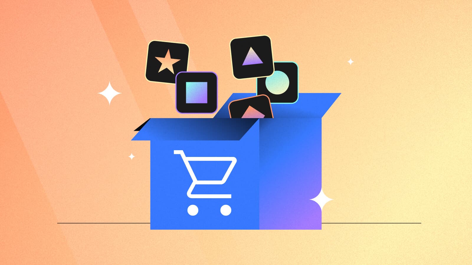 Shopping cart box with app icons representing customer tools and features.
