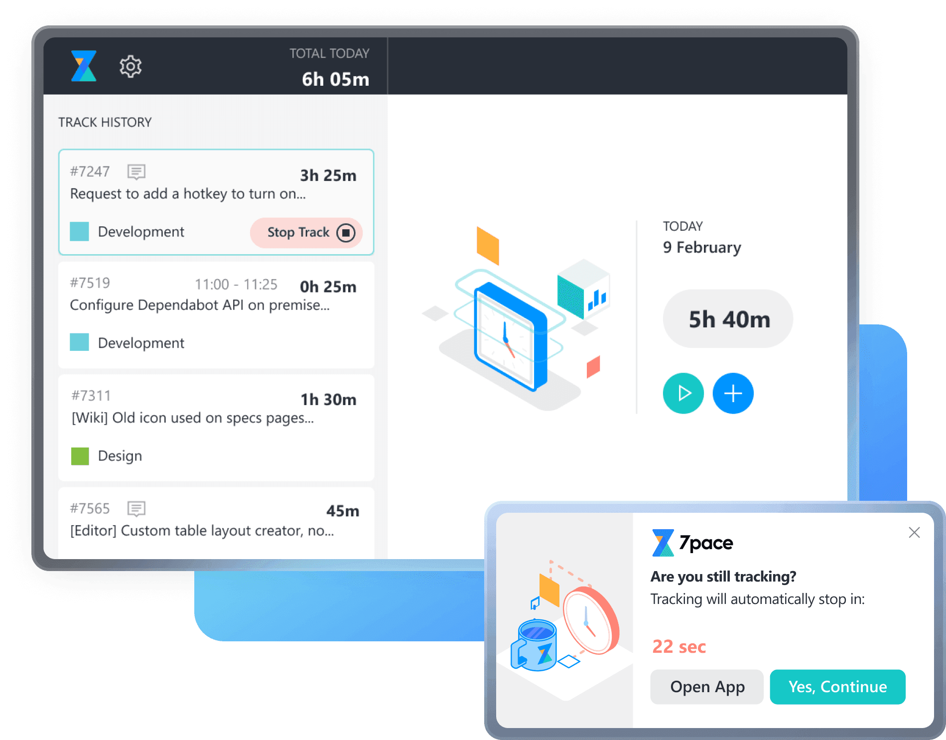 A screenshot of 7pace desktop app interface showing multiple notifications and tracking details.