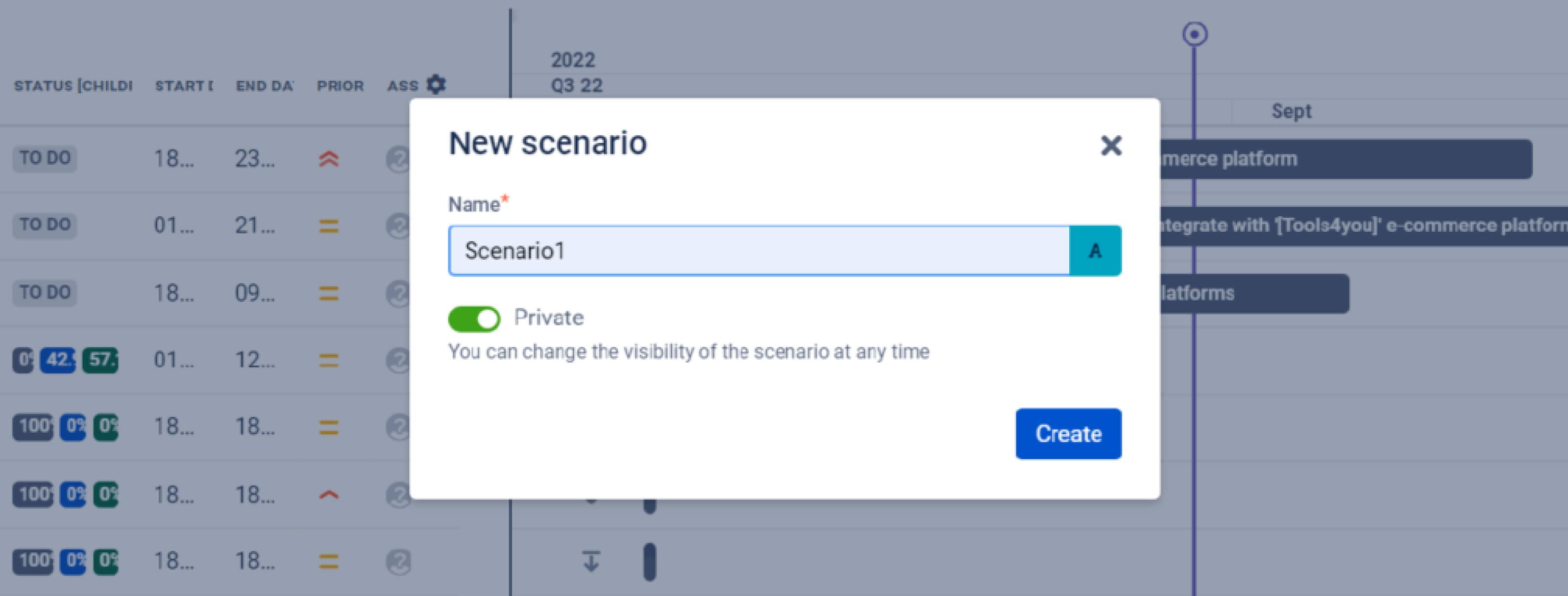 The Scenario mode is available in the Gantt and Resources modules.