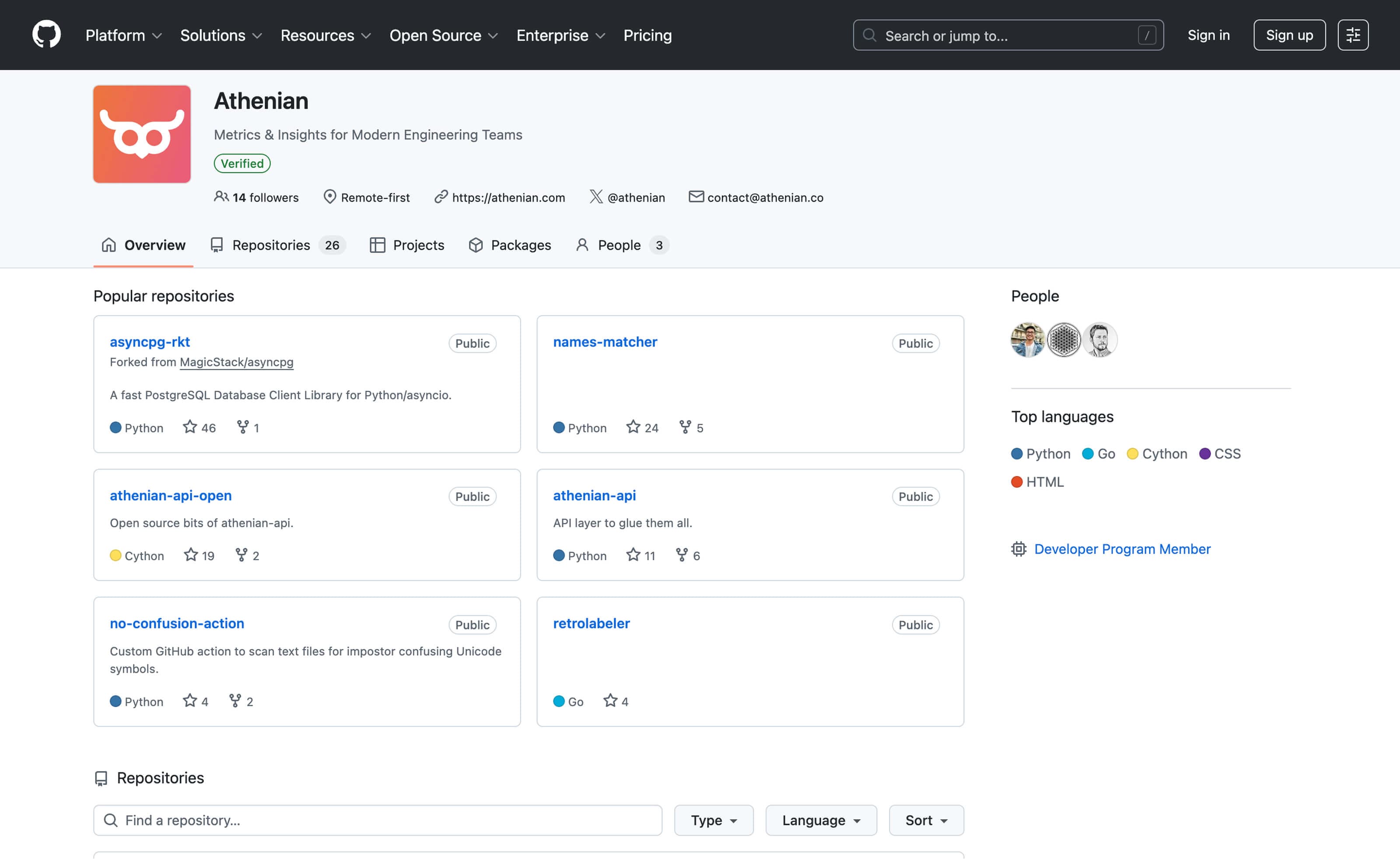 A screenshot of Athenian on github.com