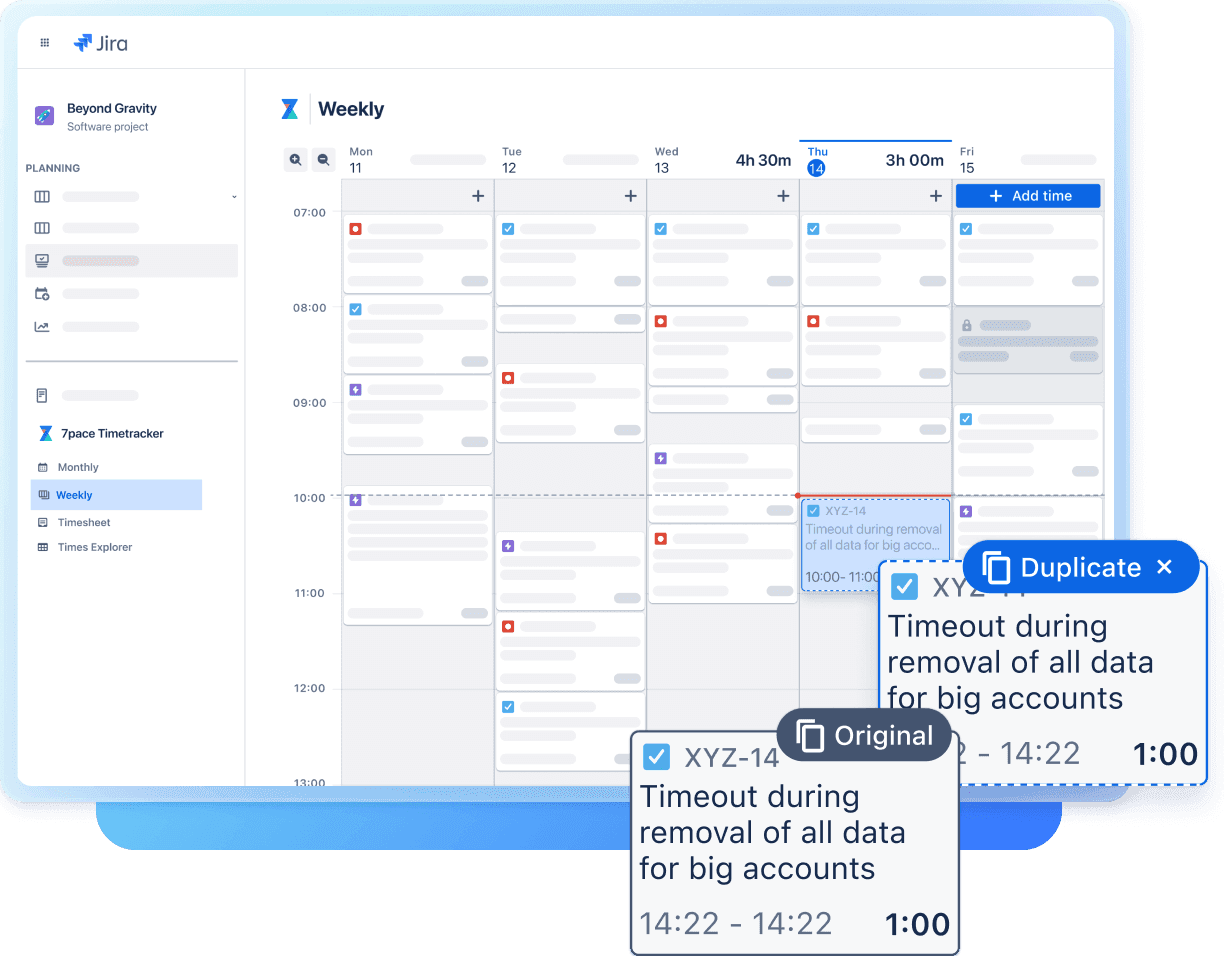 Calendar showing how you can centralize time management within Jira using 7pace Timetracker.