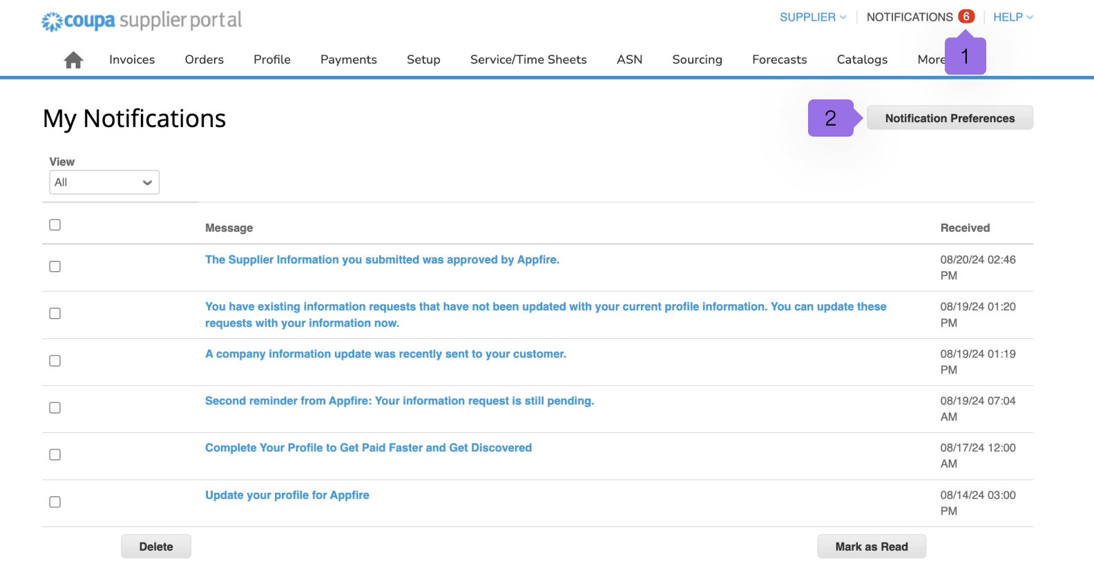 Coupa supplier portal notifications